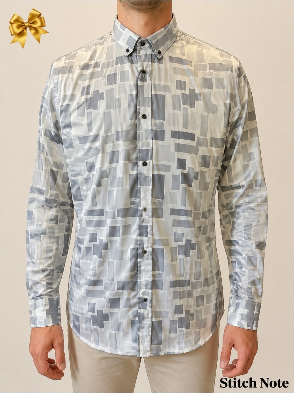 Stitch Note Patchwork Grey White Cotton Long Sleeve Sheen Shirt Medium